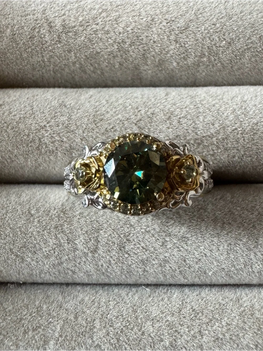 D’Joy Green Moissanite Floral Rose Accent Ring 925 Sterling Silver Size 9